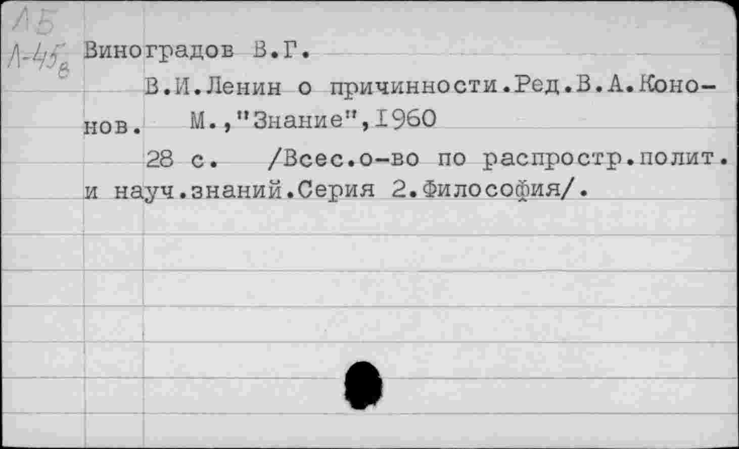 ﻿	1 Виноградов В.Г. В.И.Ленин о причинности.Ред.В.А.Коно-
	нов	М.,"Знание",1960
	28 с.	/Всес.о-во по распростр.полит.
	и науч.знаний.Серия 2.Философия/.
	
	
	
	
	
	
	—